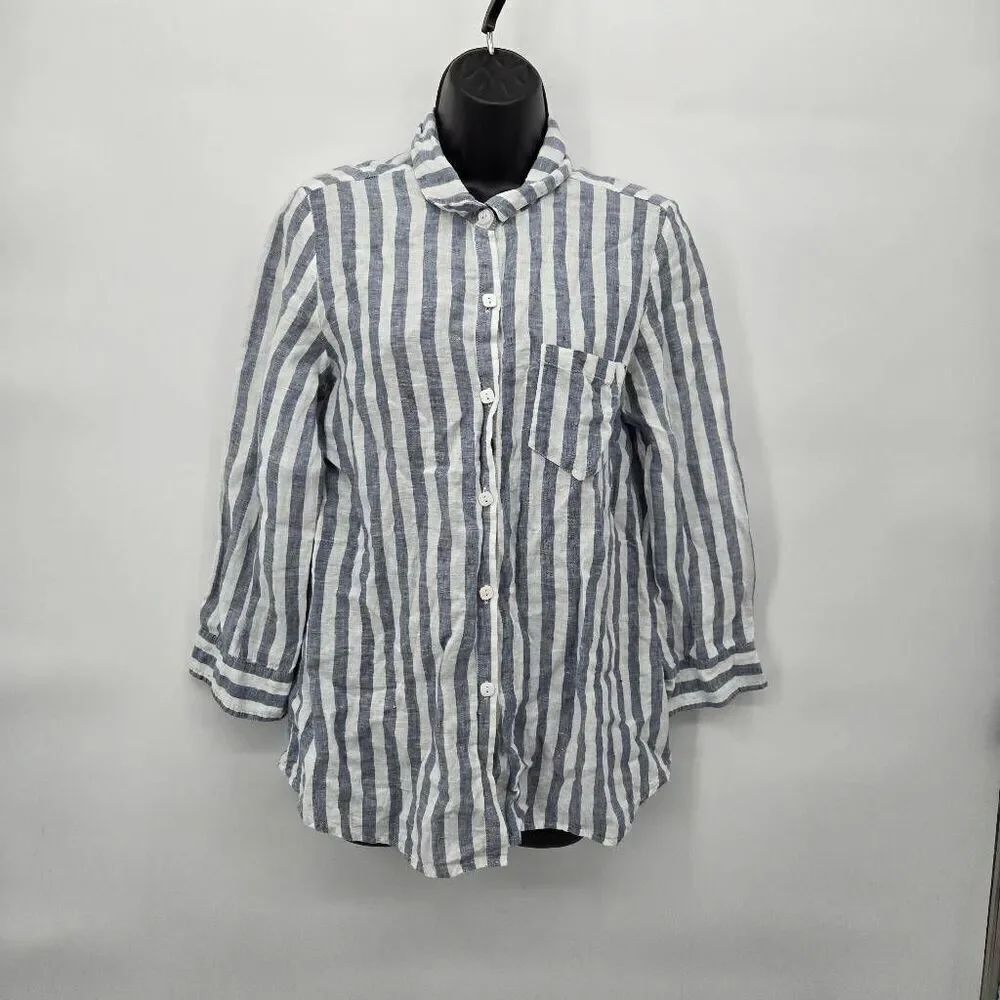 Habitat 100% Linen Button Down Shirt Size Small Lagenlook Art to Wear Top Blue W